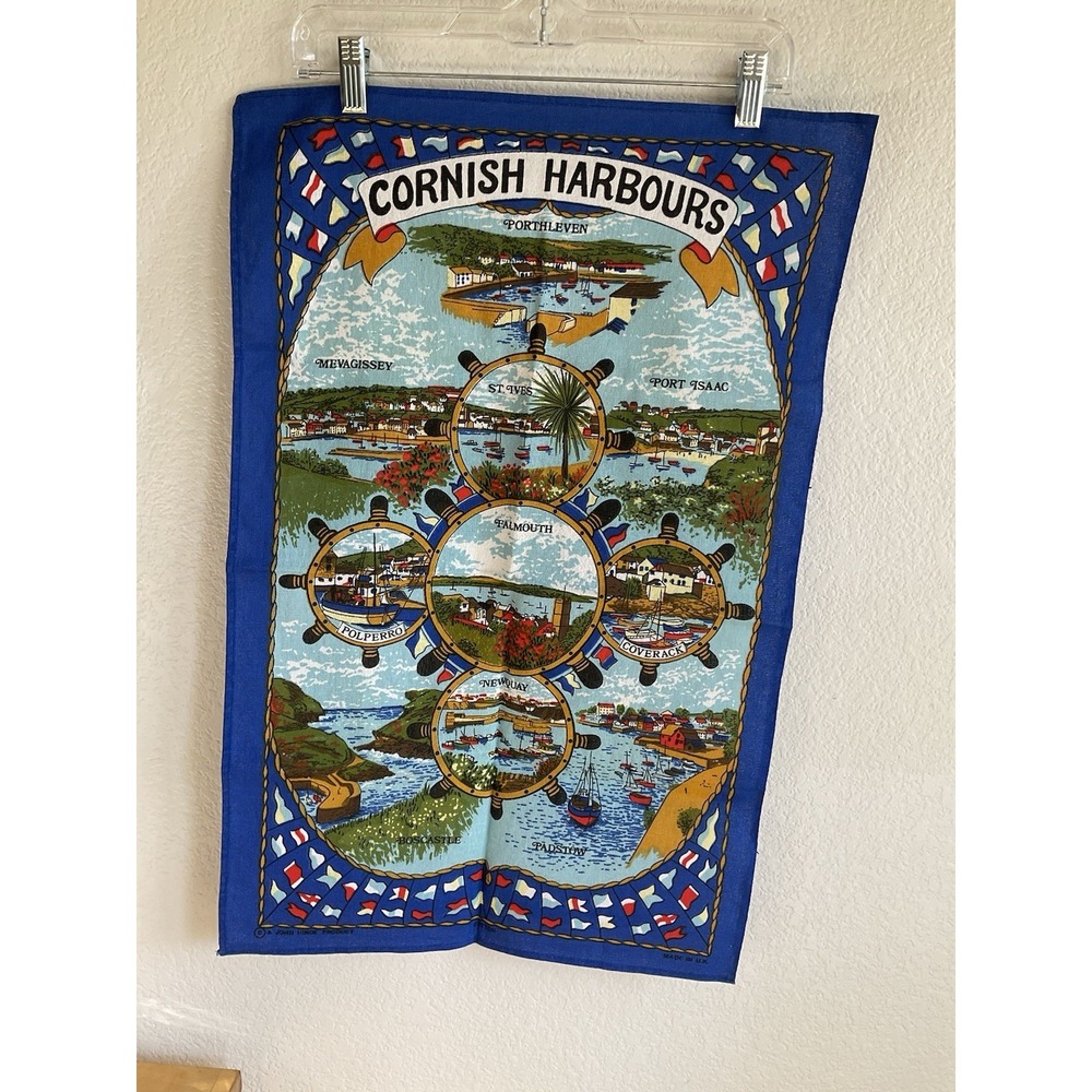 Vintage TEA TOWEL Cornish Harbours 100% Cotton Made in Britain